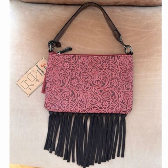 Justin Western Tooled Red Fringe Wristlet Shoulder Bag - Picture 1 of 2